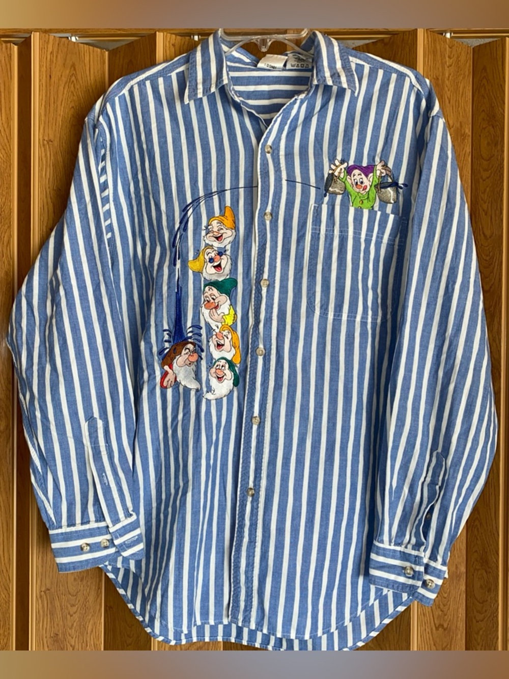 Vintage Disney Store 7 Dwarfs Shirt Mens M Blue Striped Embroidered Snow White
